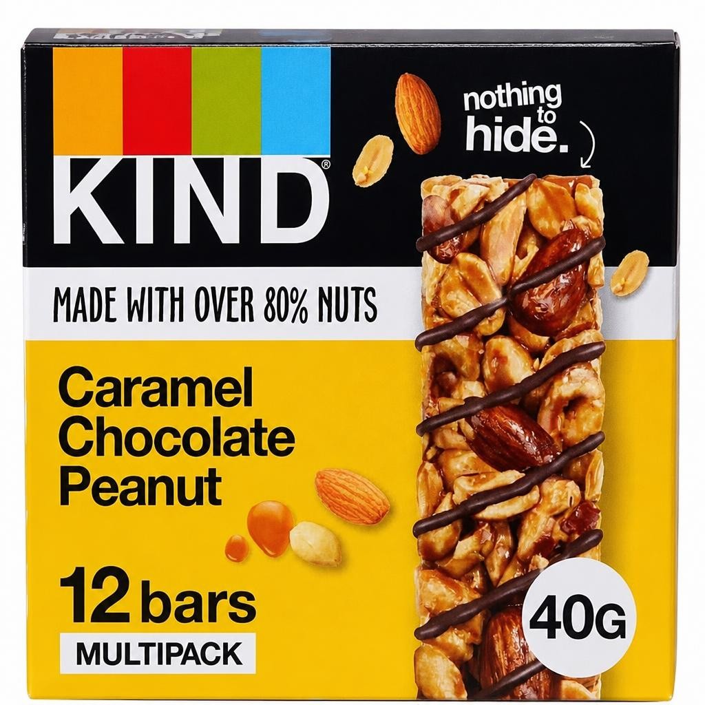 KIND Bars, Gluten Free Snack Bars, Caramel Chocolate Peanut, High Fibre, No Artificial Colours, Flavours or Preservatives, Multipack 12 x 40g | Yellow