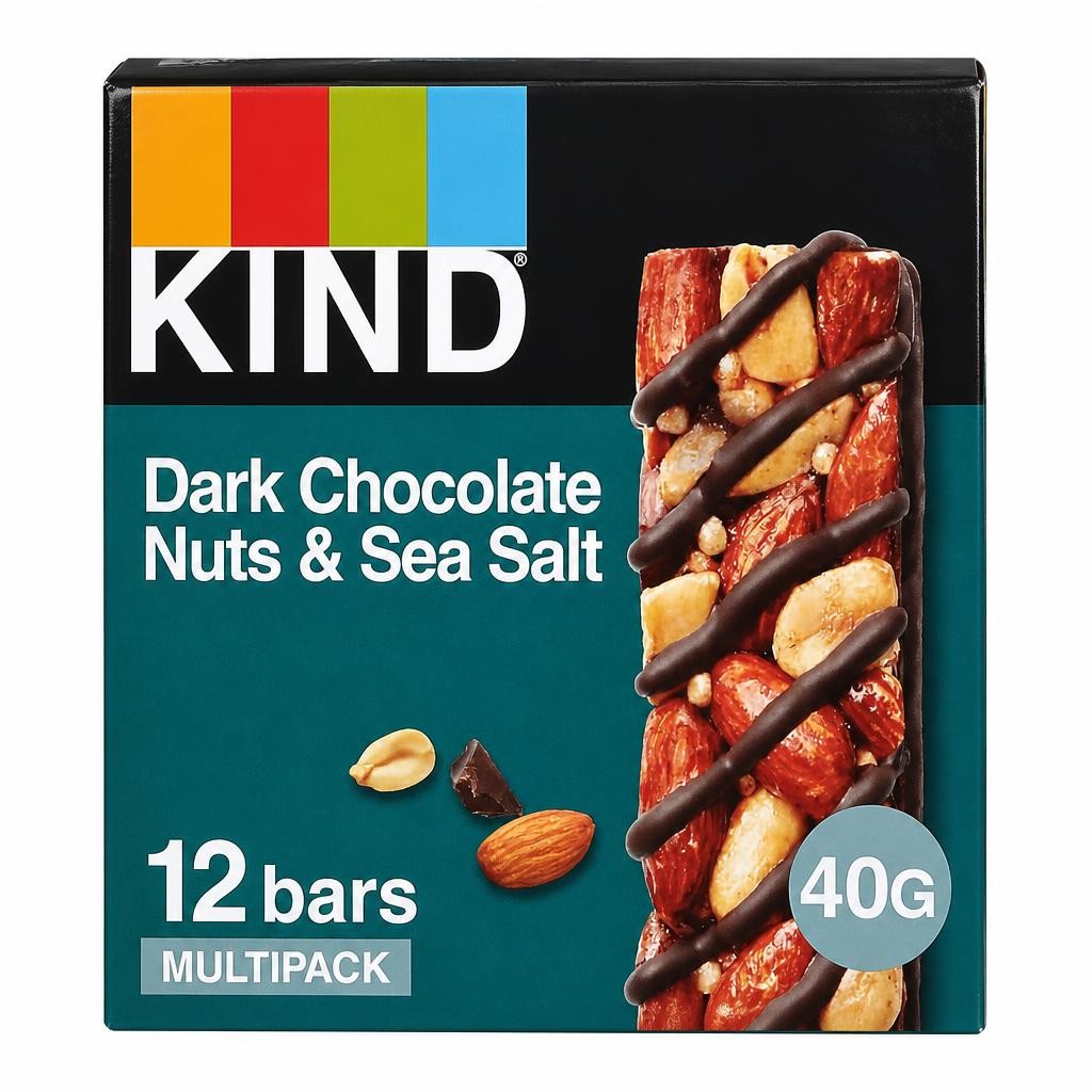 KIND Bars, Gluten Free Snack Bars, Dark Chocolate Nuts & Sea Salt, High Fibre, No Artificial Colours, Flavours or Preservatives, Multipack 12 x 40g | Blue