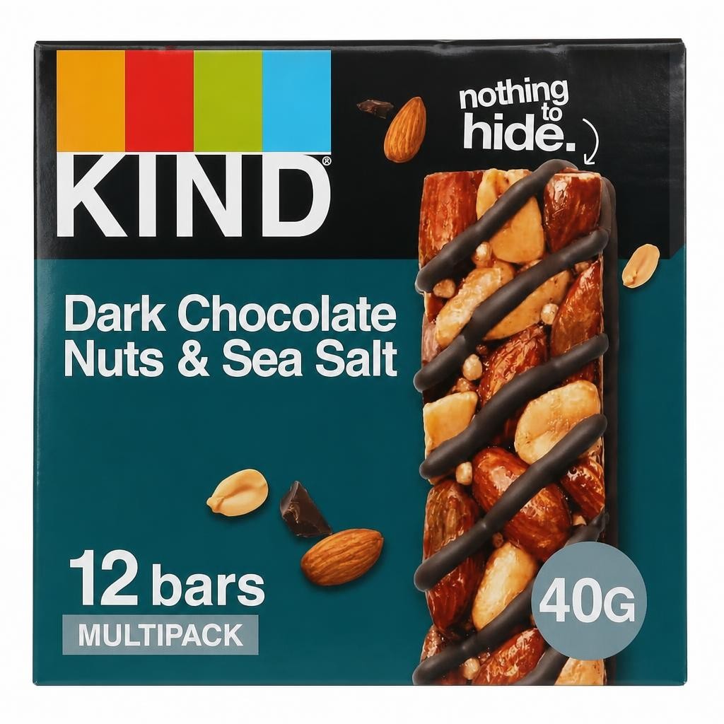 KIND Bars, Gluten Free Snack Bars, Dark Chocolate Nuts & Sea Salt, High Fibre, No Artificial Colours, Flavours or Preservatives, Multipack 12 x 40g | Blue
