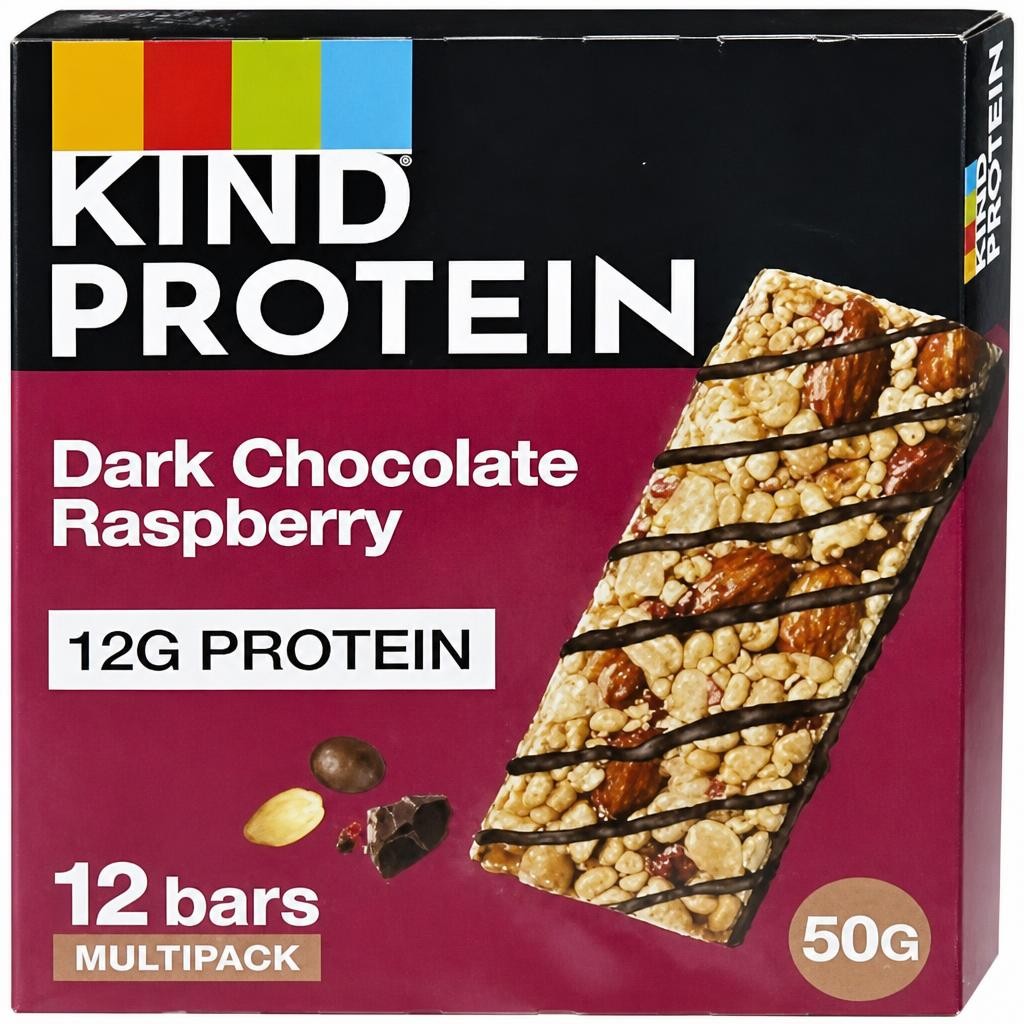 KIND Protein Bars, Gluten Free Snack Bars, Dark Chocolate Raspberry, High Fibre, Source of Protein, No Artificial Colours, Flavours or Preservatives, 12 x 50g | Purple