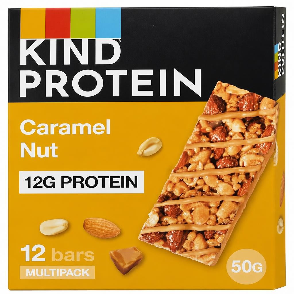 KIND Protein Bars, Gluten Free Snack Bars, Caramel Nut, High Fibre, Source of Protein, No Artificial Colours, Flavours or Preservatives, Multipack 12 x 50g | Yellow