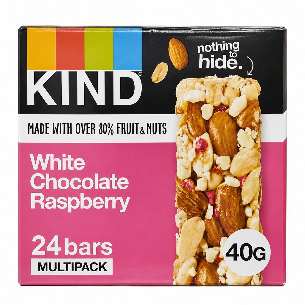Kind Bars, White Chocolate Raspberry, Healthy Snack, Gluten Free Snack Bars, No Artificial Colours, Flavours or Preservatives, Multipack 24 x 40g | Pink