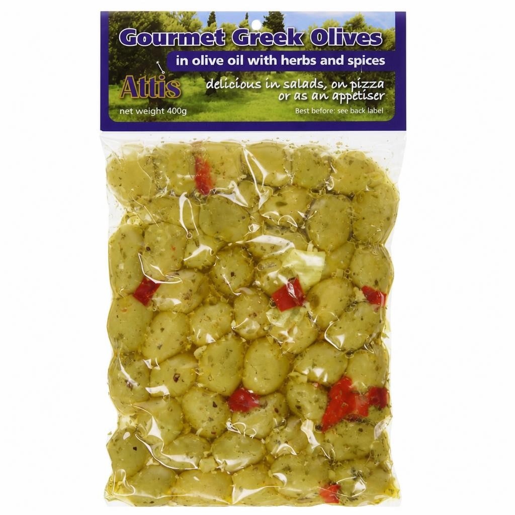 Aegean Pitted Green Olives with Garlic 400g (Attis)