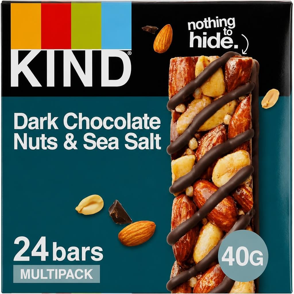 KIND Bars, Gluten Free Snack Bars, Dark Chocolate Nuts & Sea Salt, High Fibre, No Artificial Colours, Flavours or Preservatives, Multipack 24 x 40g | Blue