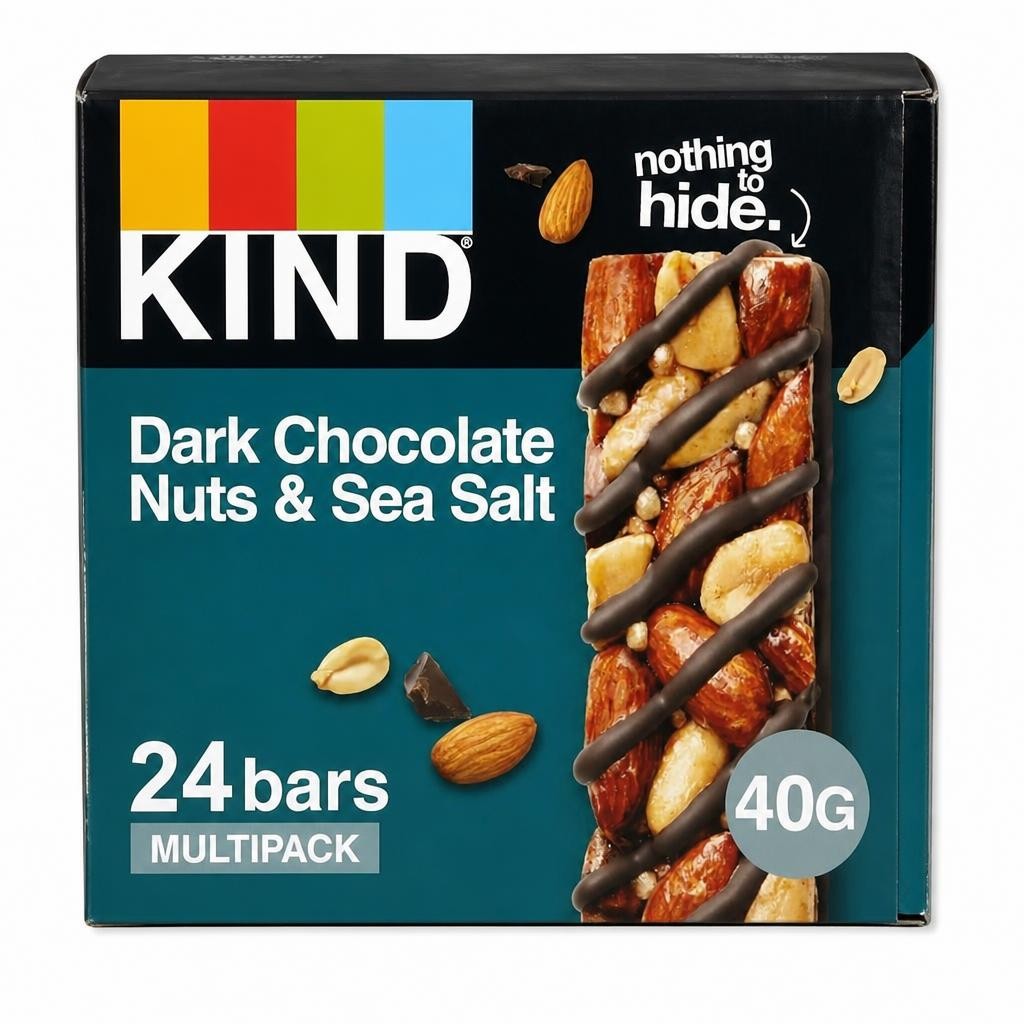 KIND Bars, Gluten Free Snack Bars, Dark Chocolate Nuts & Sea Salt, High Fibre, No Artificial Colours, Flavours or Preservatives, Multipack 24 x 40g | Blue