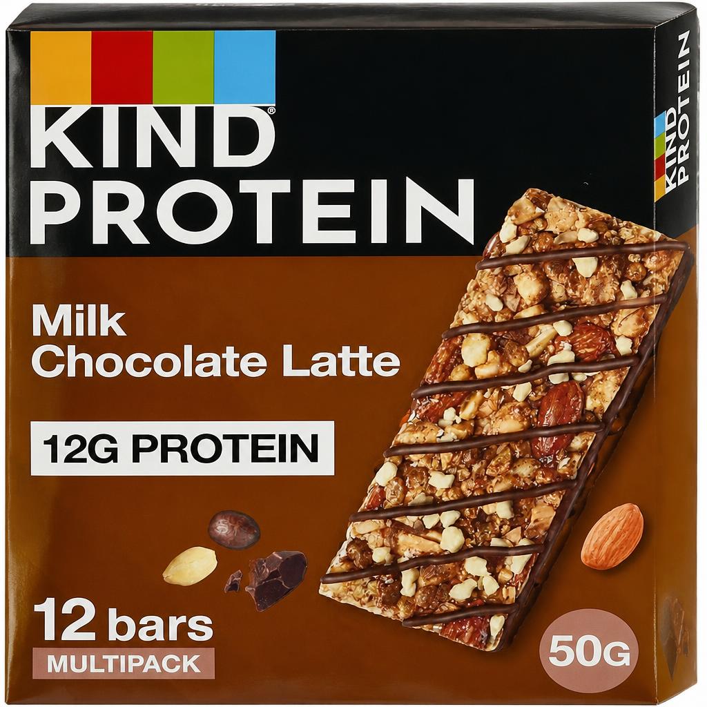 KIND Protein Bars, Gluten Free Snack Bars, Milk Chocolate Latte, High Fibre, Source of Protein, No Artificial Colours, Flavours or Preservatives, 12 x 50g | Brown
