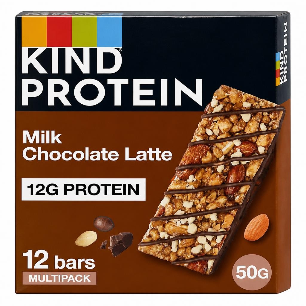 KIND Protein Bars, Gluten Free Snack Bars, Milk Chocolate Latte, High Fibre, Source of Protein, No Artificial Colours, Flavours or Preservatives, 12 x 50g | Brown