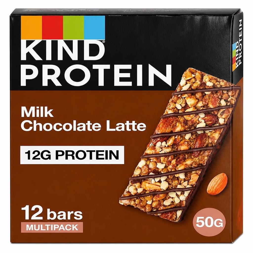 KIND Protein Bars, Gluten Free Snack Bars, Milk Chocolate Latte, High Fibre, Source of Protein, No Artificial Colours, Flavours or Preservatives, 12 x 50g | Brown