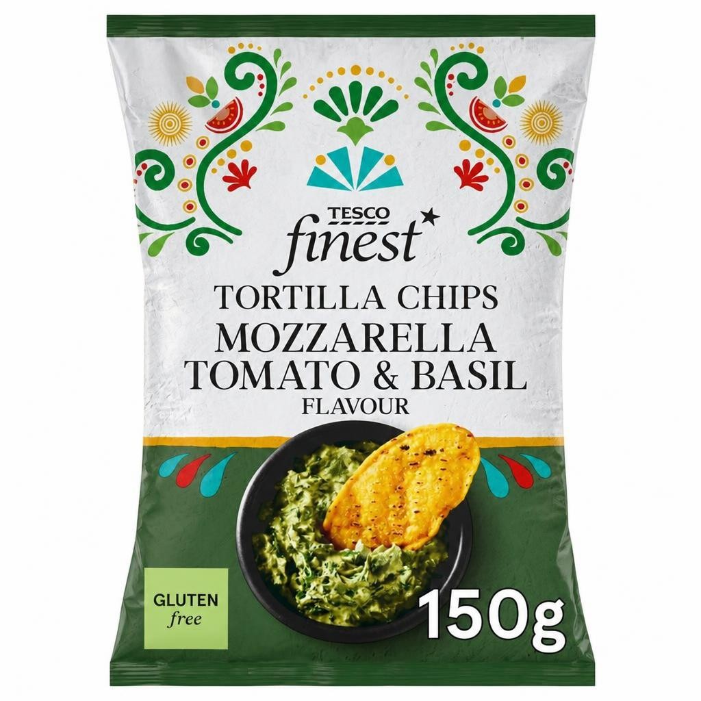 Tesco Finest Mozzarella, Basil & Tomato Tortilla Chips 150g