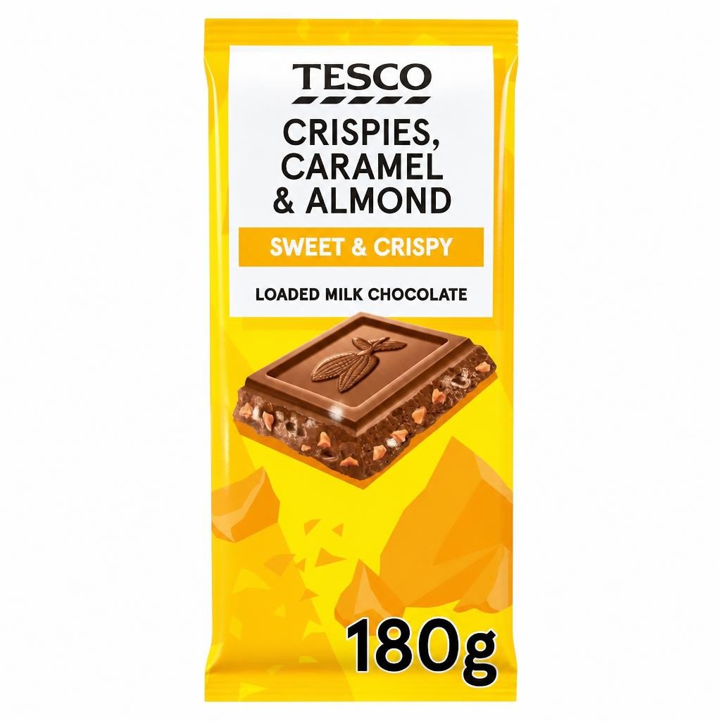 Tesco Crispies, Caramel & Almond Loaded Milk Chocolate 180g