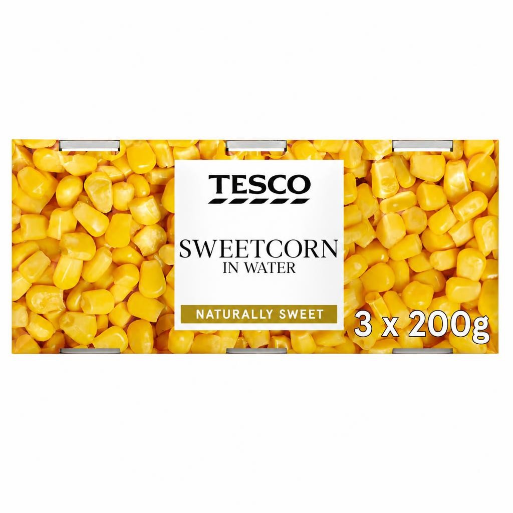 TESCO NATURALLY SWEET SWEETCORN IN WATER 3X200G