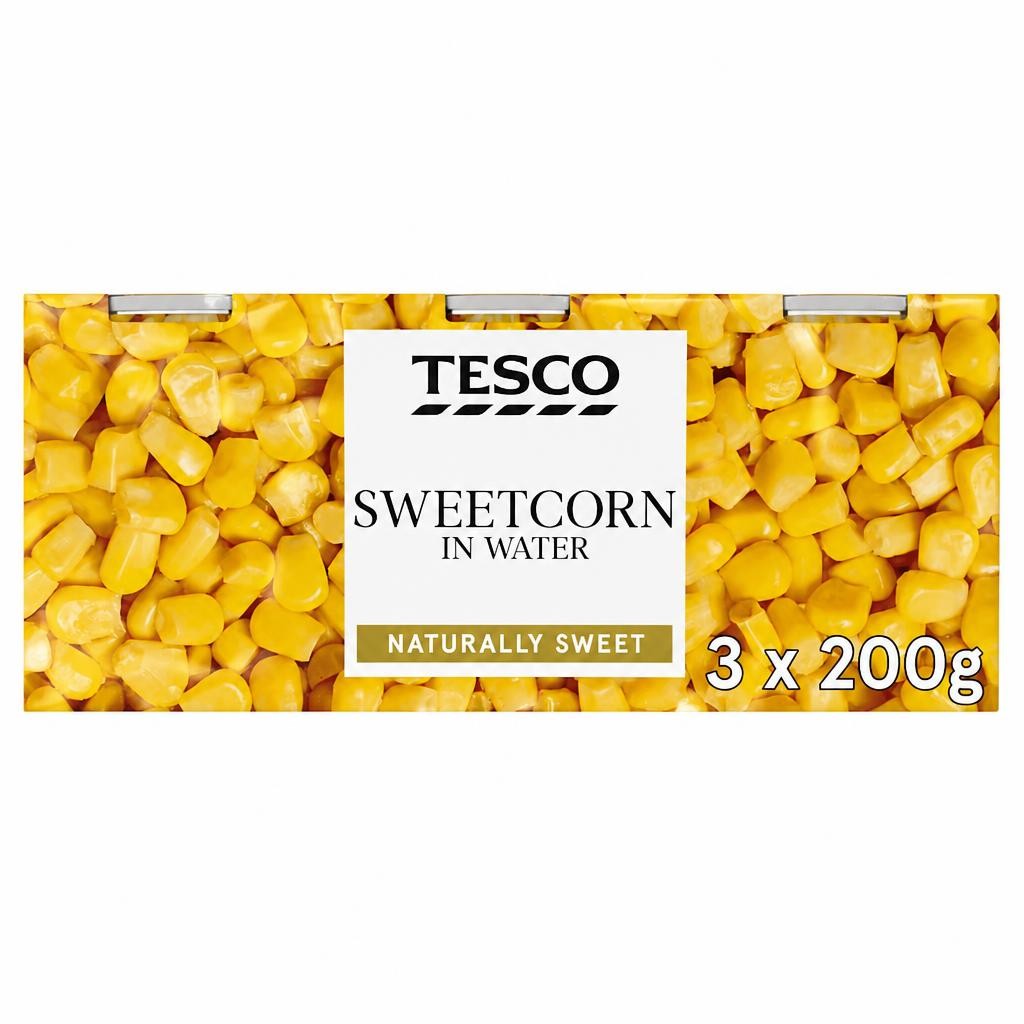 TESCO NATURALLY SWEET SWEETCORN IN WATER 3X200G