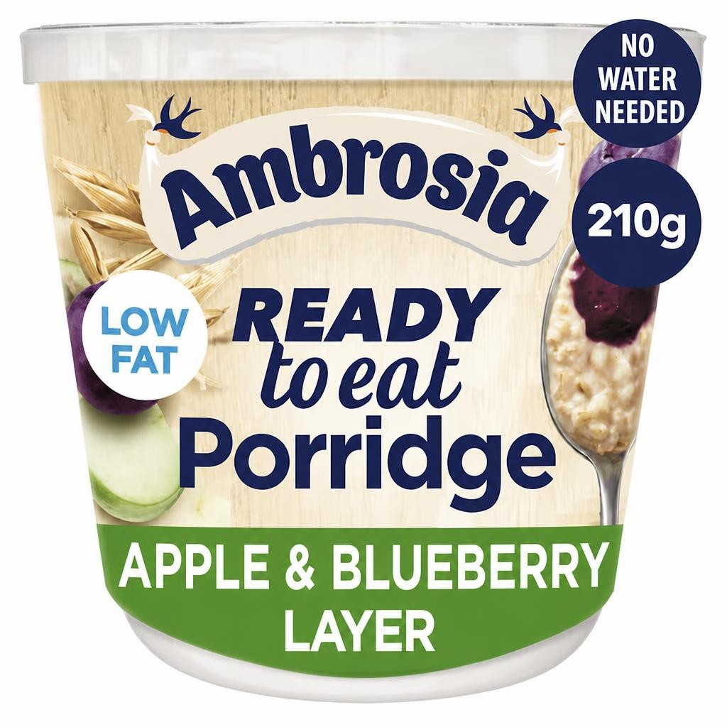 Ambrosia Ready to Eat Porridge Oat Cereal Pot Apple & Blueberry Layer 210g
