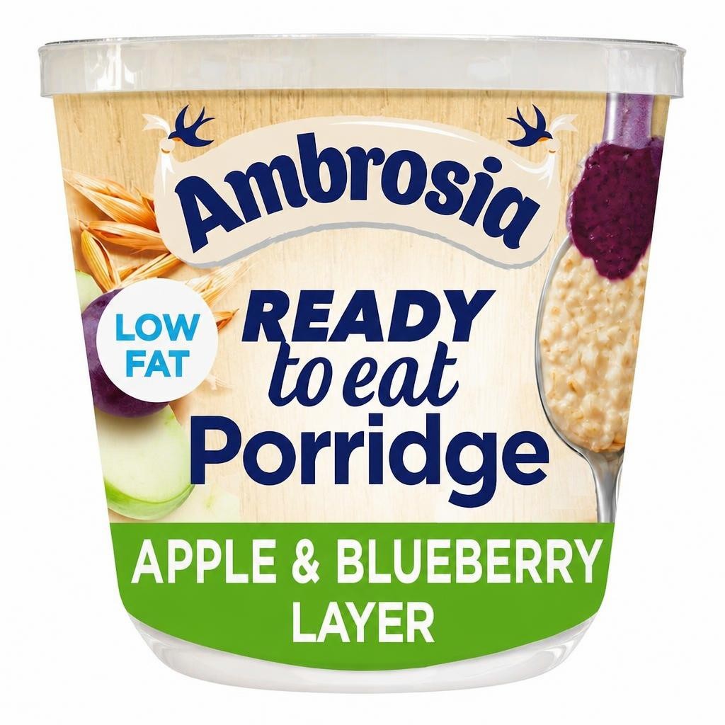 Ambrosia Ready to Eat Porridge Oat Cereal Pot Apple & Blueberry Layer 210g