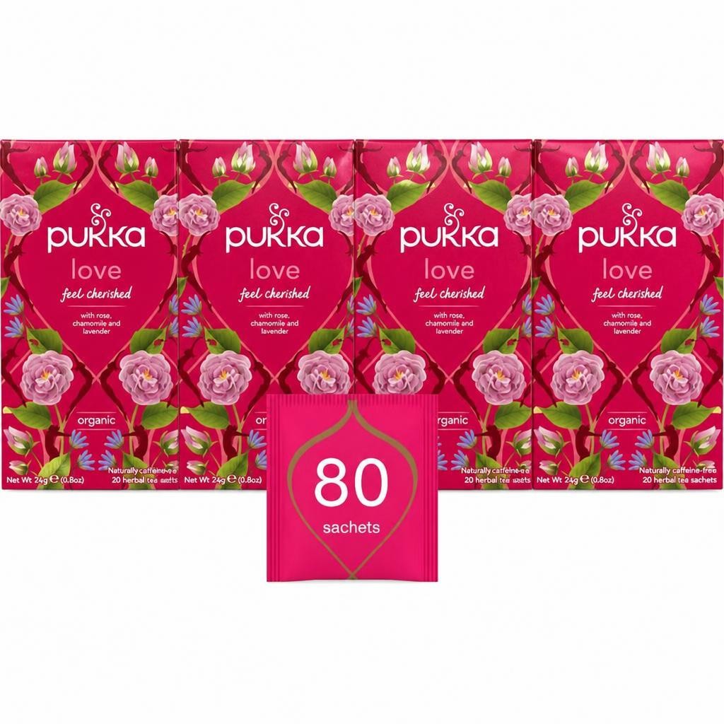Pukka Herbs Organic Herbal Tea, Love, 4 Packs, 80 Teabags | Pink | 4