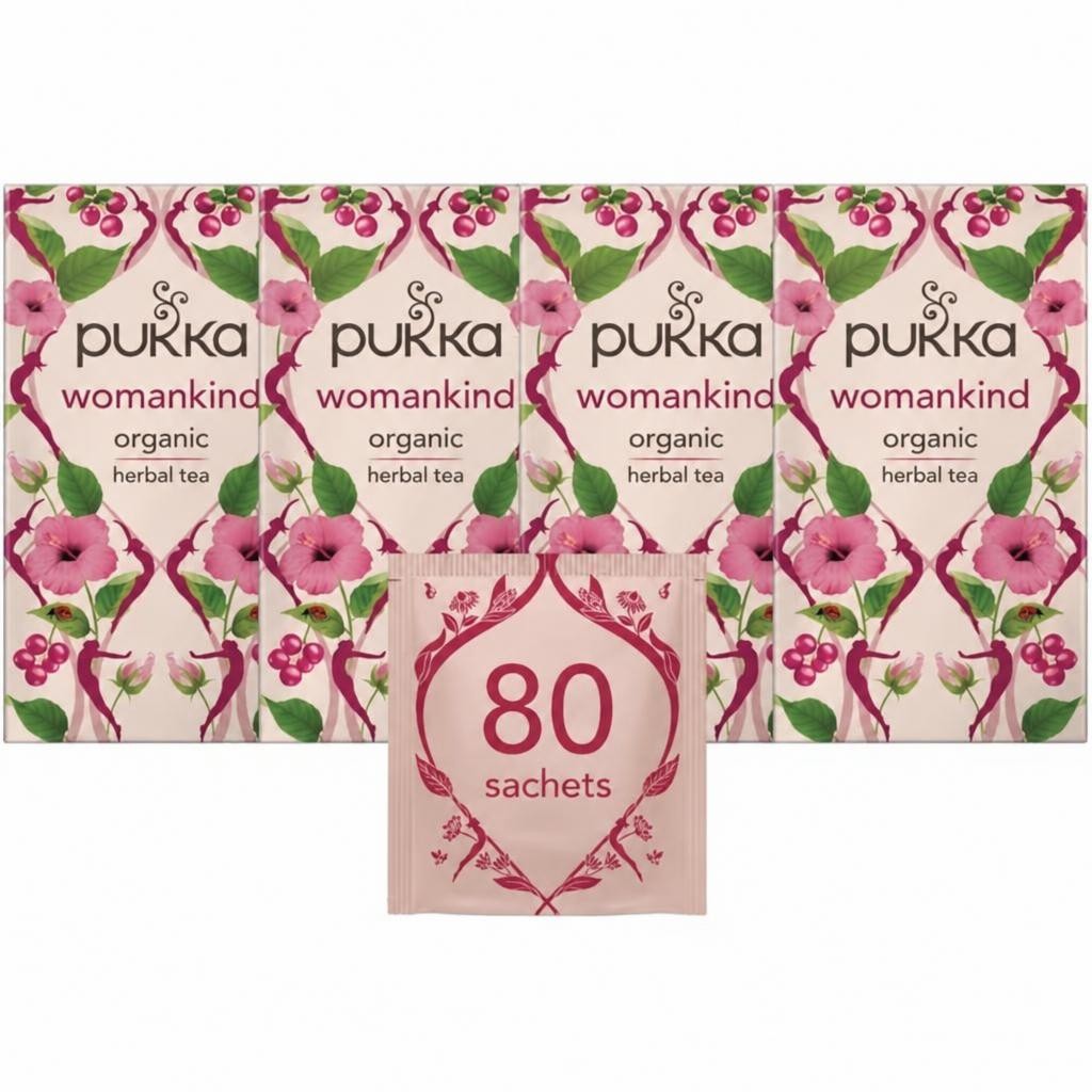 Pukka Herbs Organic Herbal Tea, Womankind, 4 Packs, 80 Teabags | Pink | 4