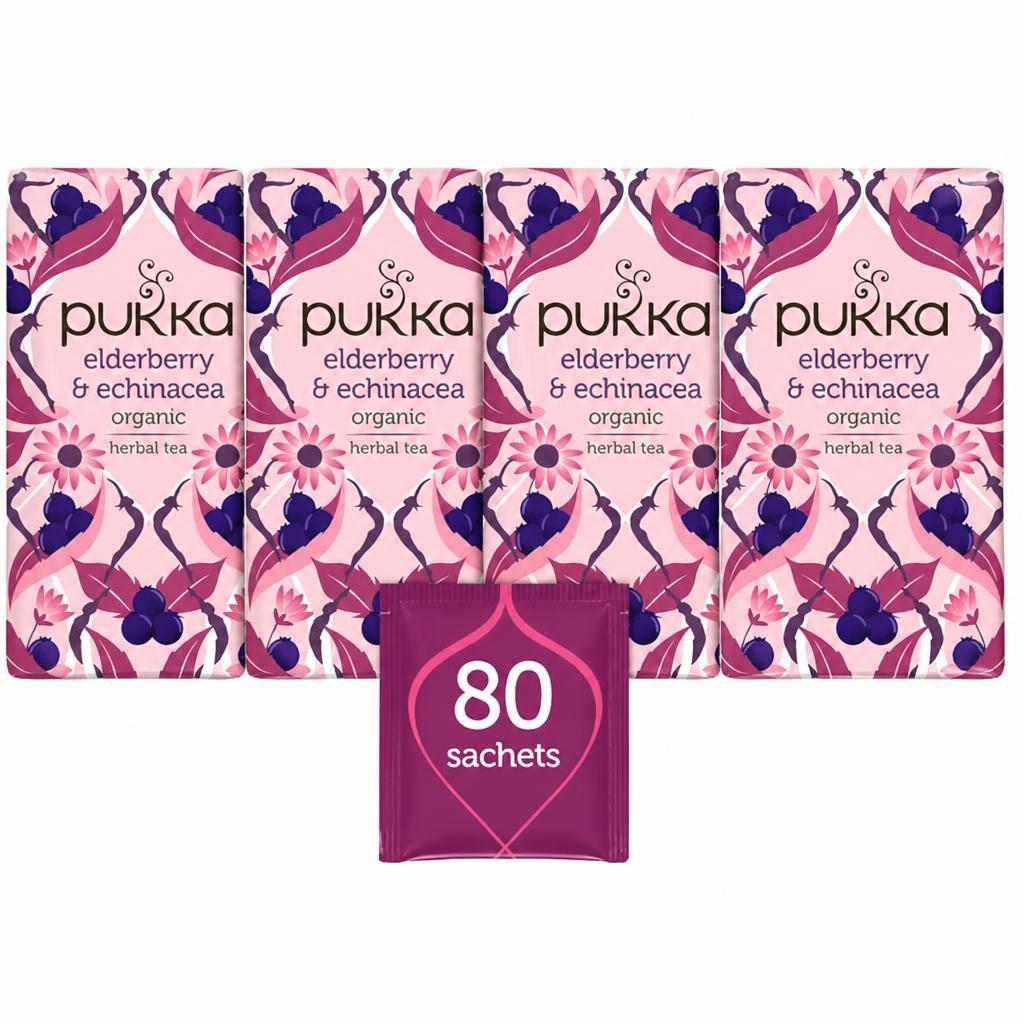 Pukka Herbs Organic Herbal Tea, Elderberry & Echinacea, 4 Packs, 80 Teabags | Pink | 4