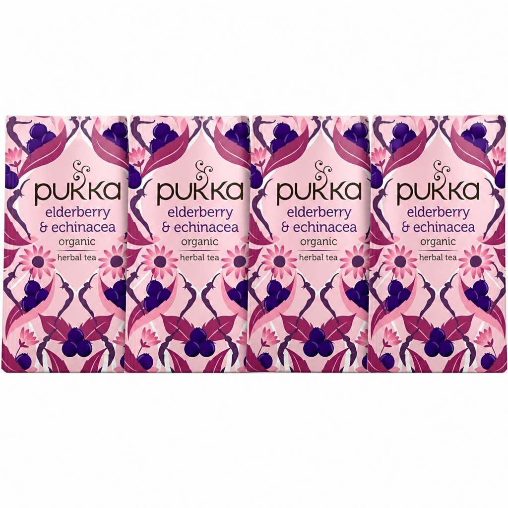 Pukka Herbs Organic Herbal Tea, Elderberry & Echinacea, 4 Packs, 80 Teabags | Pink | 4