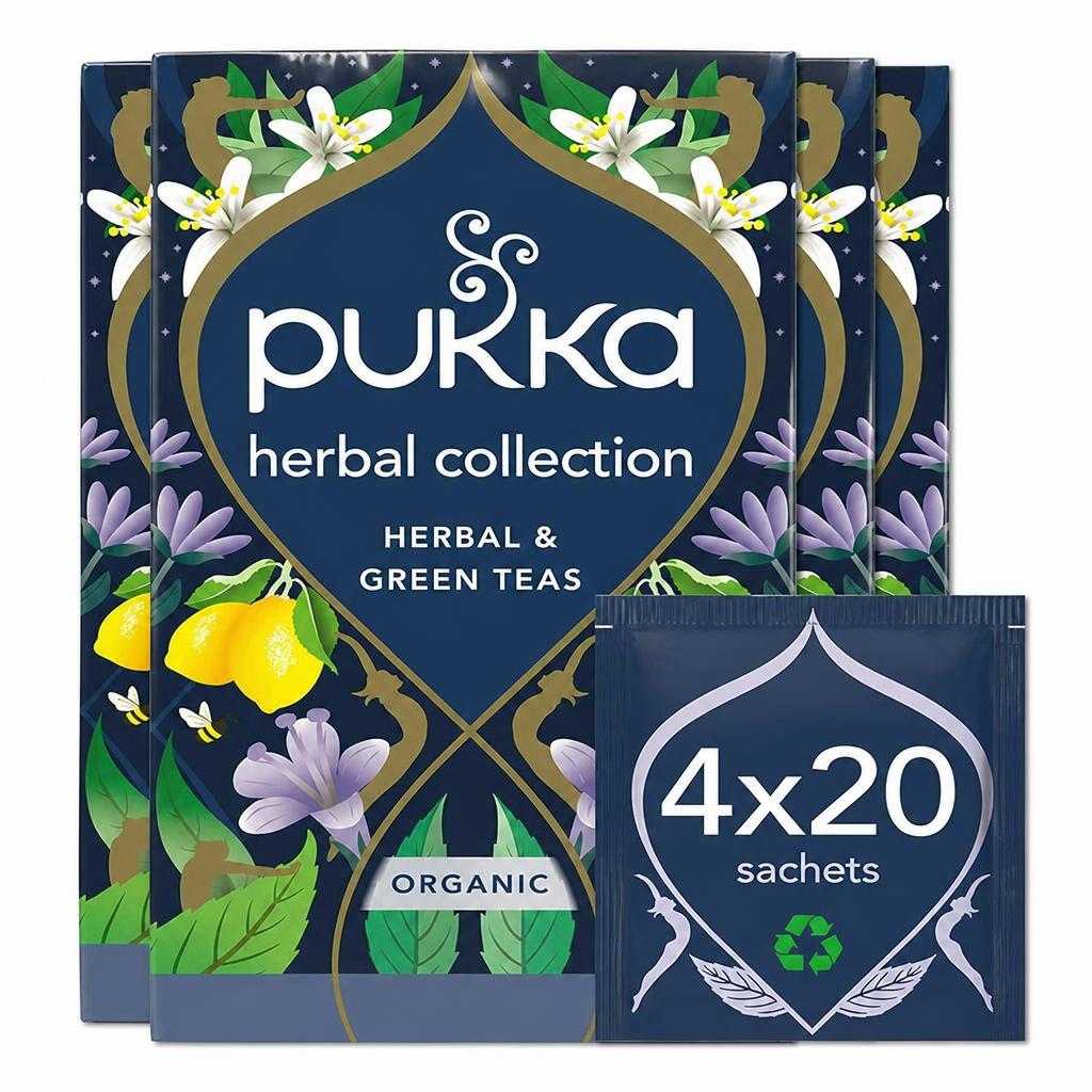 Pukka Herbs Organic Herbal Tea, Herbal Collection, 4 Packs, 80 Teabags | Blue | 4
