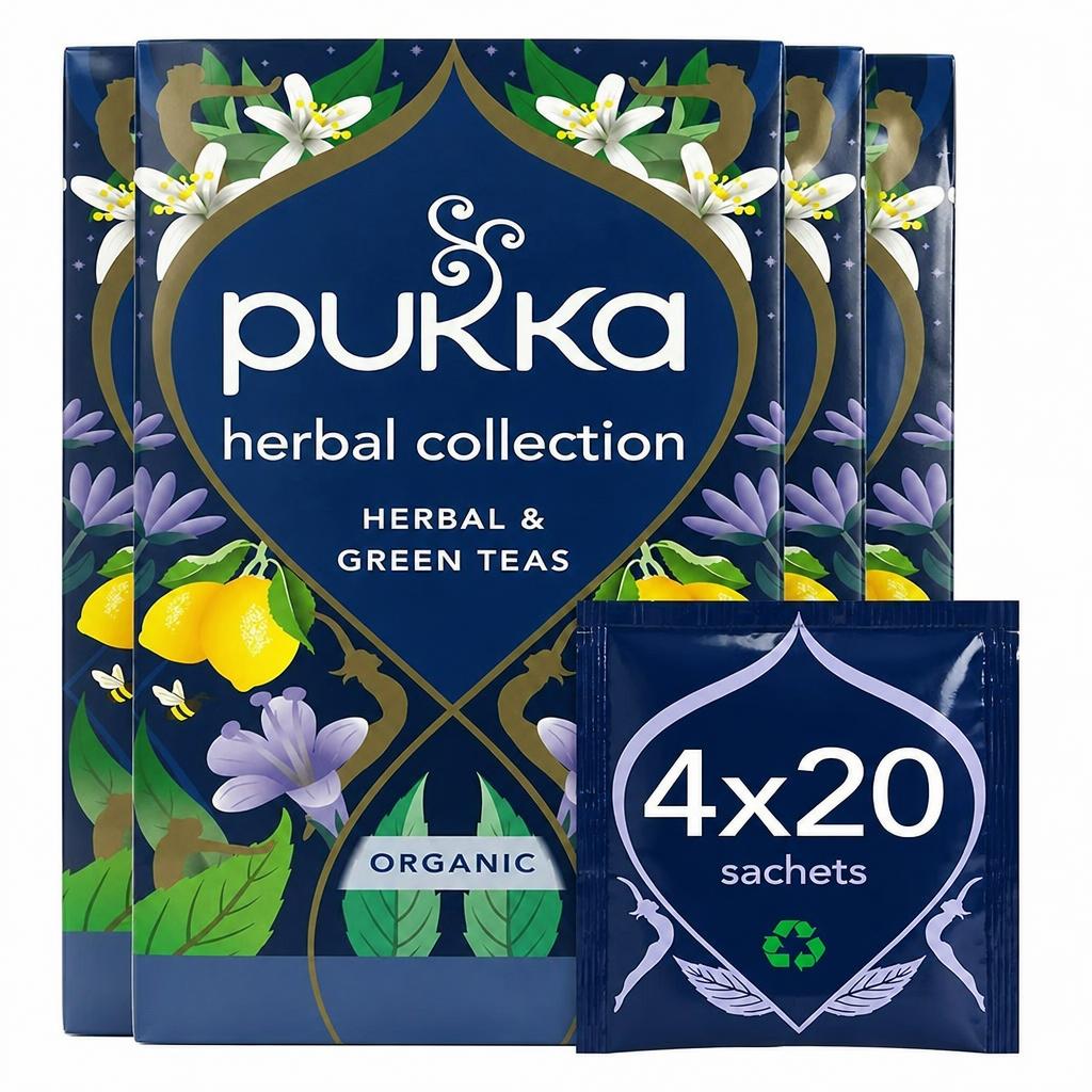 Pukka Herbs Organic Herbal Tea, Herbal Collection, 4 Packs, 80 Teabags | Blue | 4