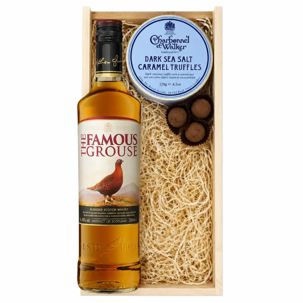 Famous Grouse Scotch Whisky And Dark Sea Salt Charbonnel Chocolates Box 70cl 40% abv
