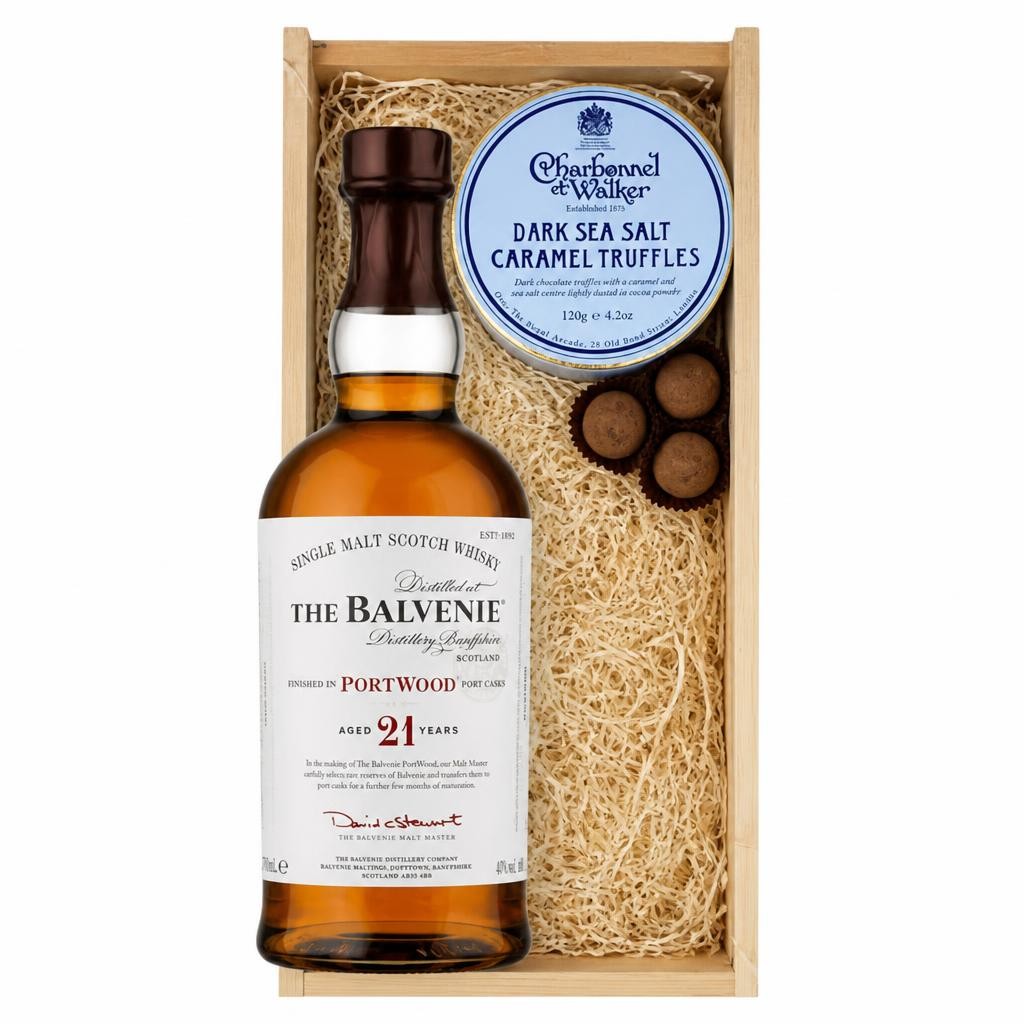 Balvenie 21 Year Old PortWood Finish Whisky And Dark Sea Salt Charbonnel Chocolates Box 70cl 40% abv