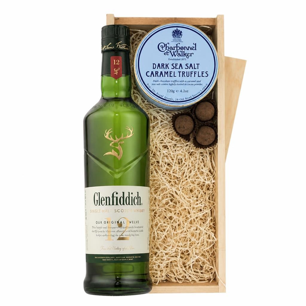Glenfiddich 12 Year Old Whisky And Dark Sea Salt Charbonnel Chocolates Box 70cl 40% abv