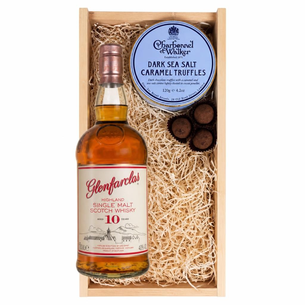Glenfarclas 10 Year Old Whisky And Dark Sea Salt Charbonnel Chocolates Box 70cl 40% abv