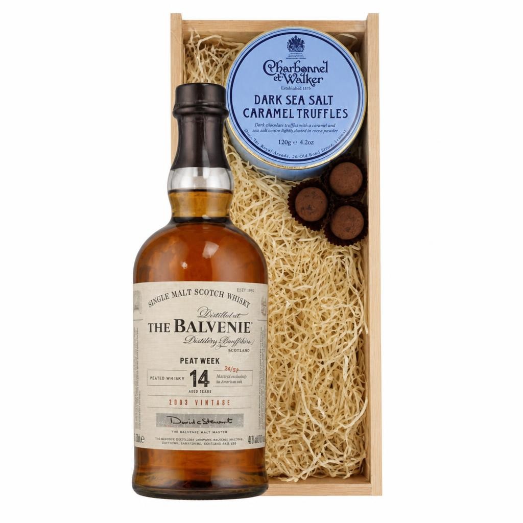 Balvenie Stories, The Week of Peat 14 year old Whisky And Dark Sea Salt Charbonnel Chocolates Box 70cl 48.3% abv