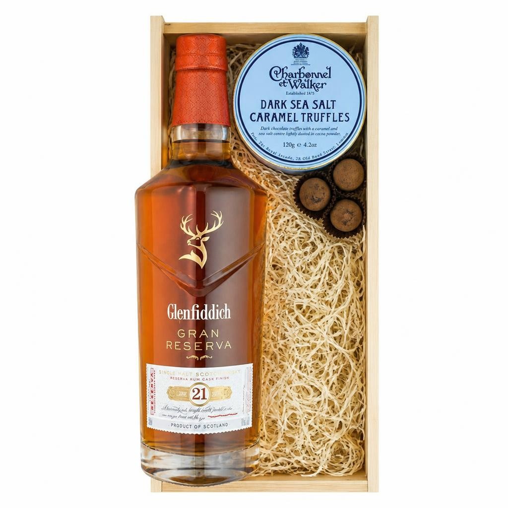 Glenfiddich 21 Year Old Gran Reserva Whisky And Dark Sea Salt Charbonnel Chocolates Box 70cl 40% abv