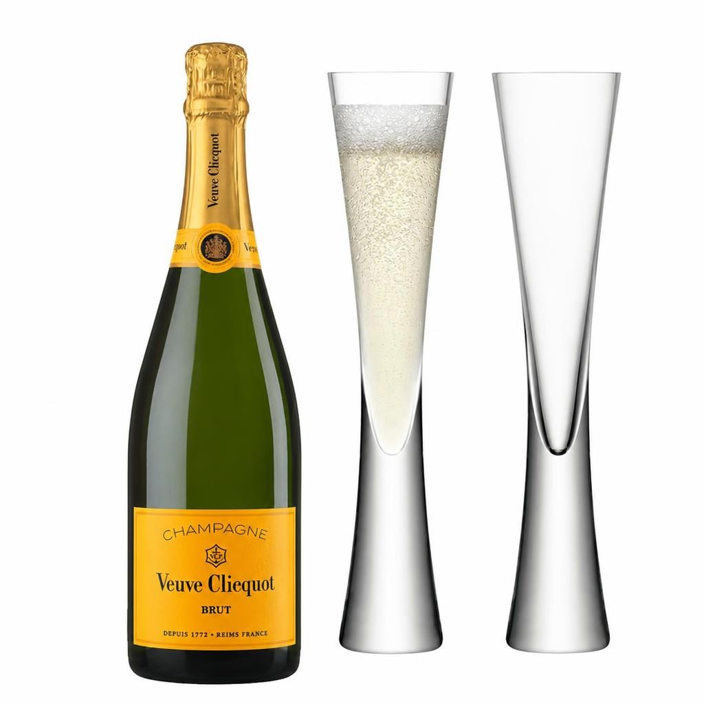 Veuve Clicquot Brut Yellow Label Champagne 75cl with LSA Moya Flutes