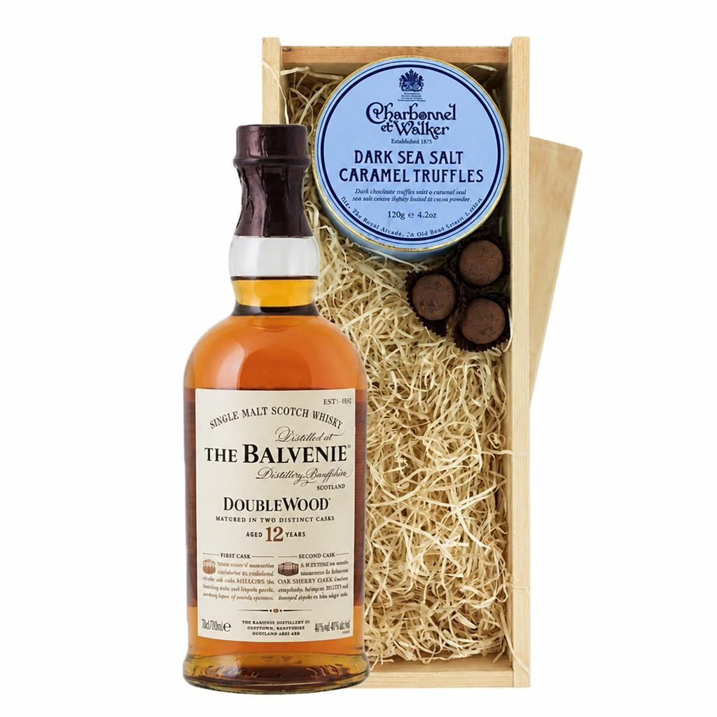 Balvenie 12 Year Old DoubleWood Whisky And Dark Sea Salt Charbonnel Chocolates Box 70cl 40% abv