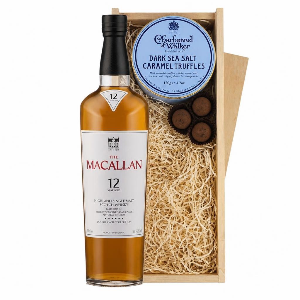 Macallan 12 Year Old Double Cask Single Malt Whisky And Dark Sea Salt Charbonnel Chocolates Box 70cl 40% abv