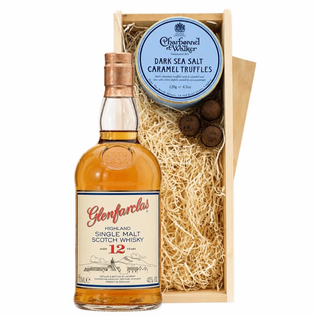 Glenfarclas 12 Year Old Whisky And Dark Sea Salt Charbonnel Chocolates Box 70cl 43% abv