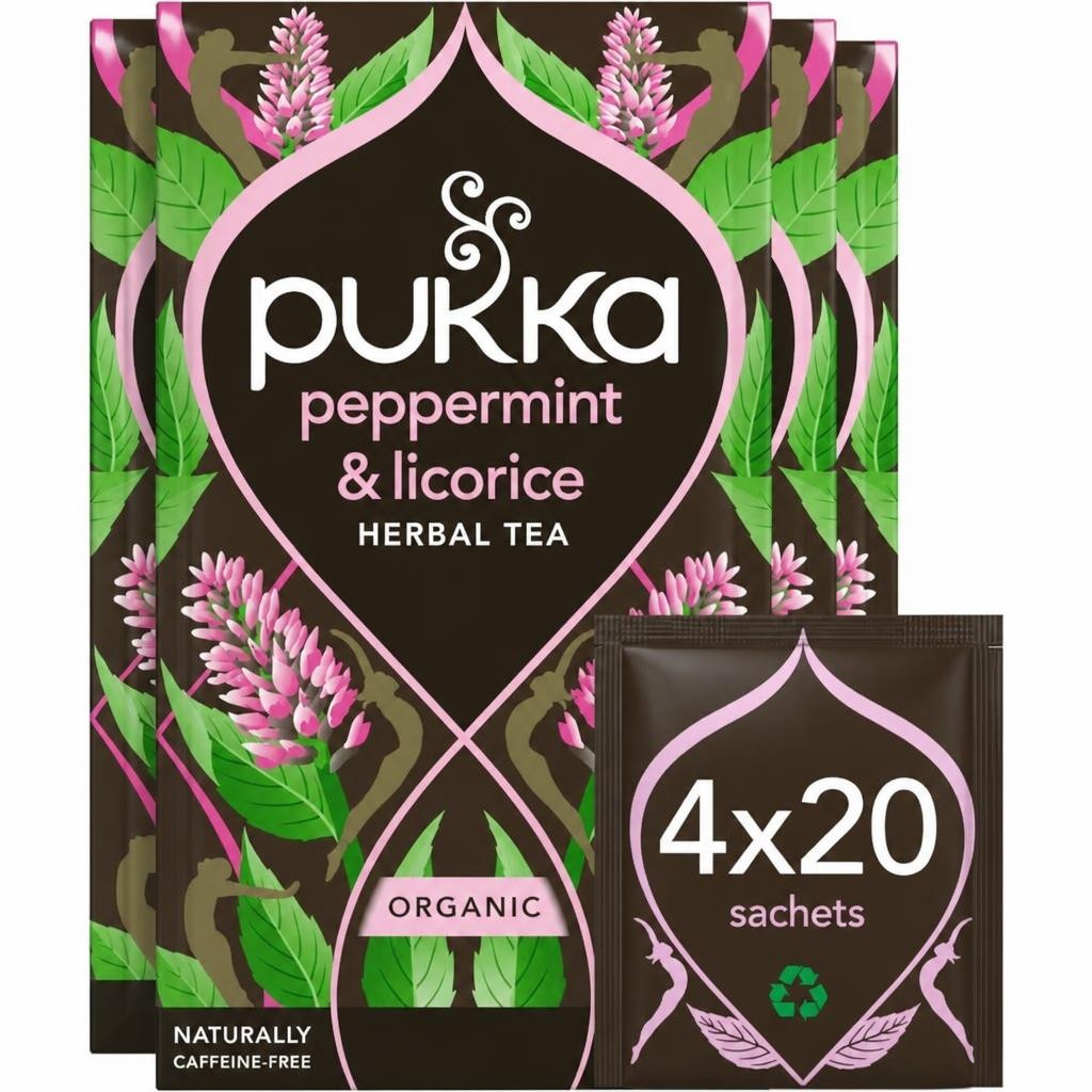 Pukka Herbs Organic Herbal Tea, Peppermint & Liquorice, 4 Packs, 80 Teabags | Brown | 4