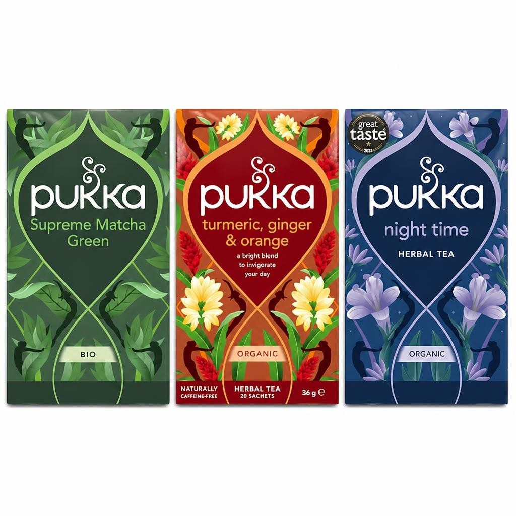 Pukka Herbs Organic Herbal Tea, Morning to Night Bundle with Supreme Matcha Green, Turmeric Ginger & Orange, & Night Time, 3 Packs of 20 Teabags | Multi