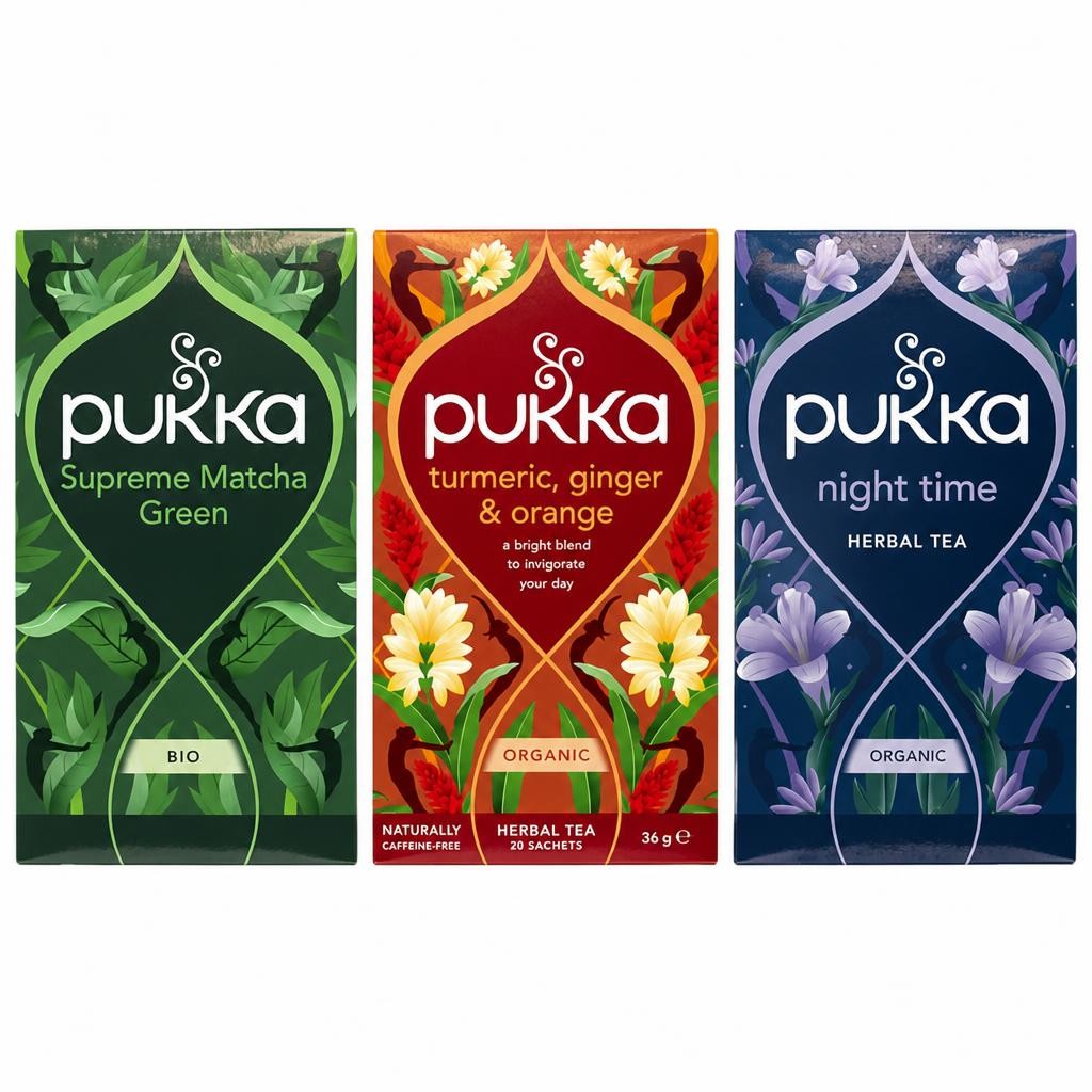 Pukka Herbs Organic Herbal Tea, Morning to Night Bundle with Supreme Matcha Green, Turmeric Ginger & Orange, & Night Time, 3 Packs of 20 Teabags | Multi