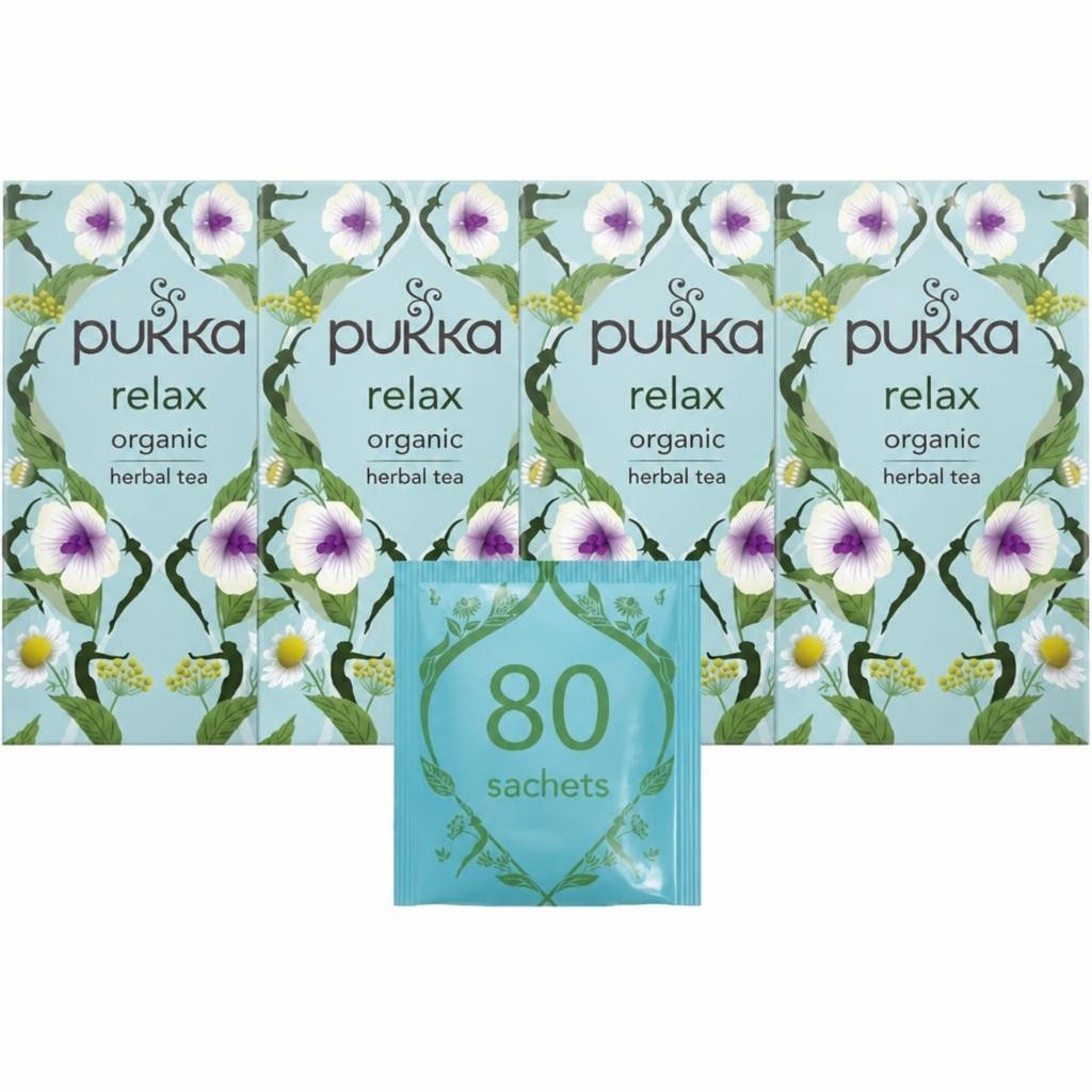 Pukka Herbs Organic Herbal Tea, Relax, 4 Packs, 80 Teabags | Blue | 4