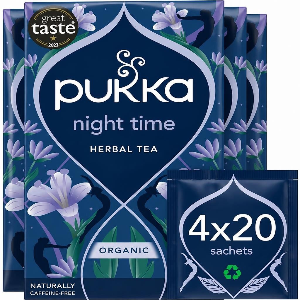 Pukka Herbs Organic Herbal Tea, Night Time, 4 Packs, 80 Teabags | Blue | 4