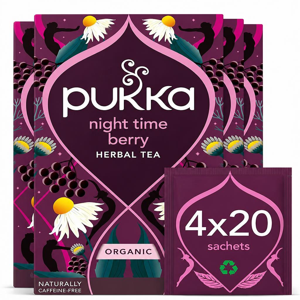 Pukka Herbs Organic Herbal Tea, Night Time Berry, 4 Packs, 80 Teabags | Purple | 4