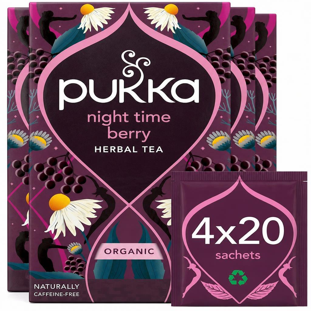 Pukka Herbs Organic Herbal Tea, Night Time Berry, 4 Packs, 80 Teabags | Purple | 4