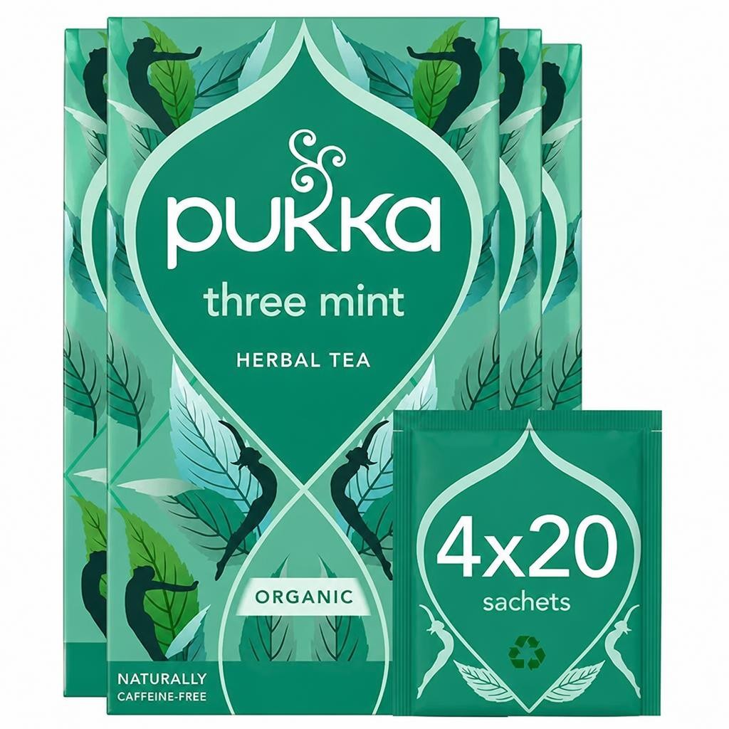 Pukka Herbs Organic Herbal Tea, Three Mint, 4 Packs, 80 Teabags | Green | 4