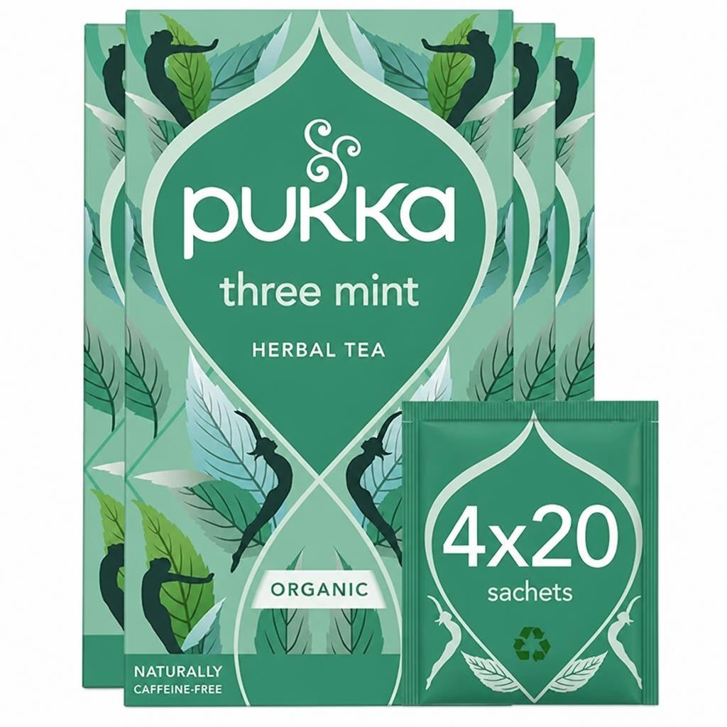 Pukka Herbs Organic Herbal Tea, Three Mint, 4 Packs, 80 Teabags | Green | 4