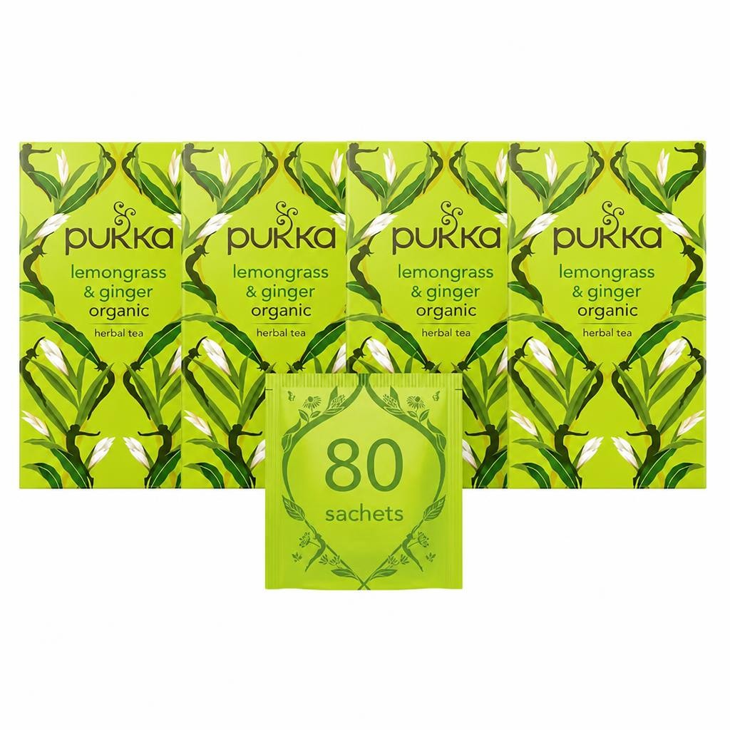 Pukka Herbs Organic Herbal Tea, Lemongrass & Ginger, 4 Packs, 80 Teabags | Green | 4