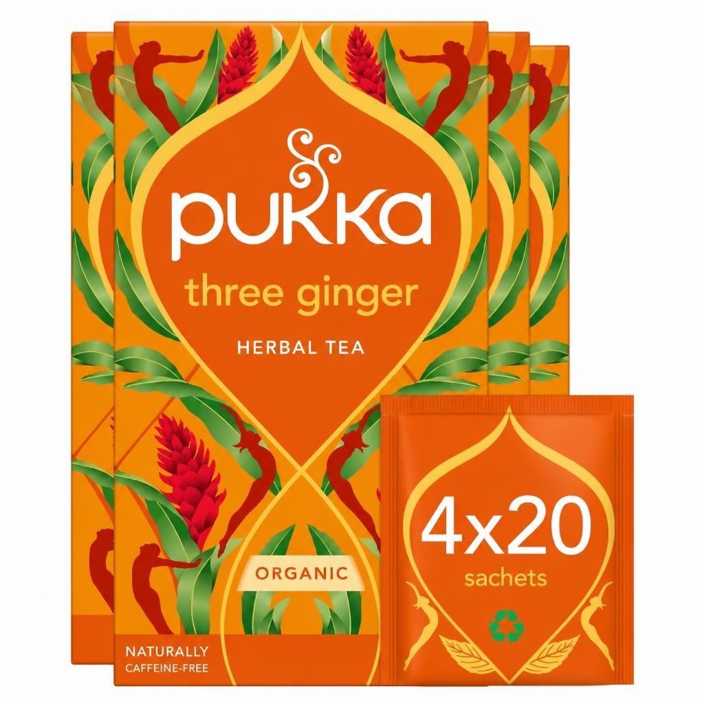 Pukka Herbs Organic Herbal Tea, Three Ginger, 4 Packs, 80 Teabags | Orange | 4