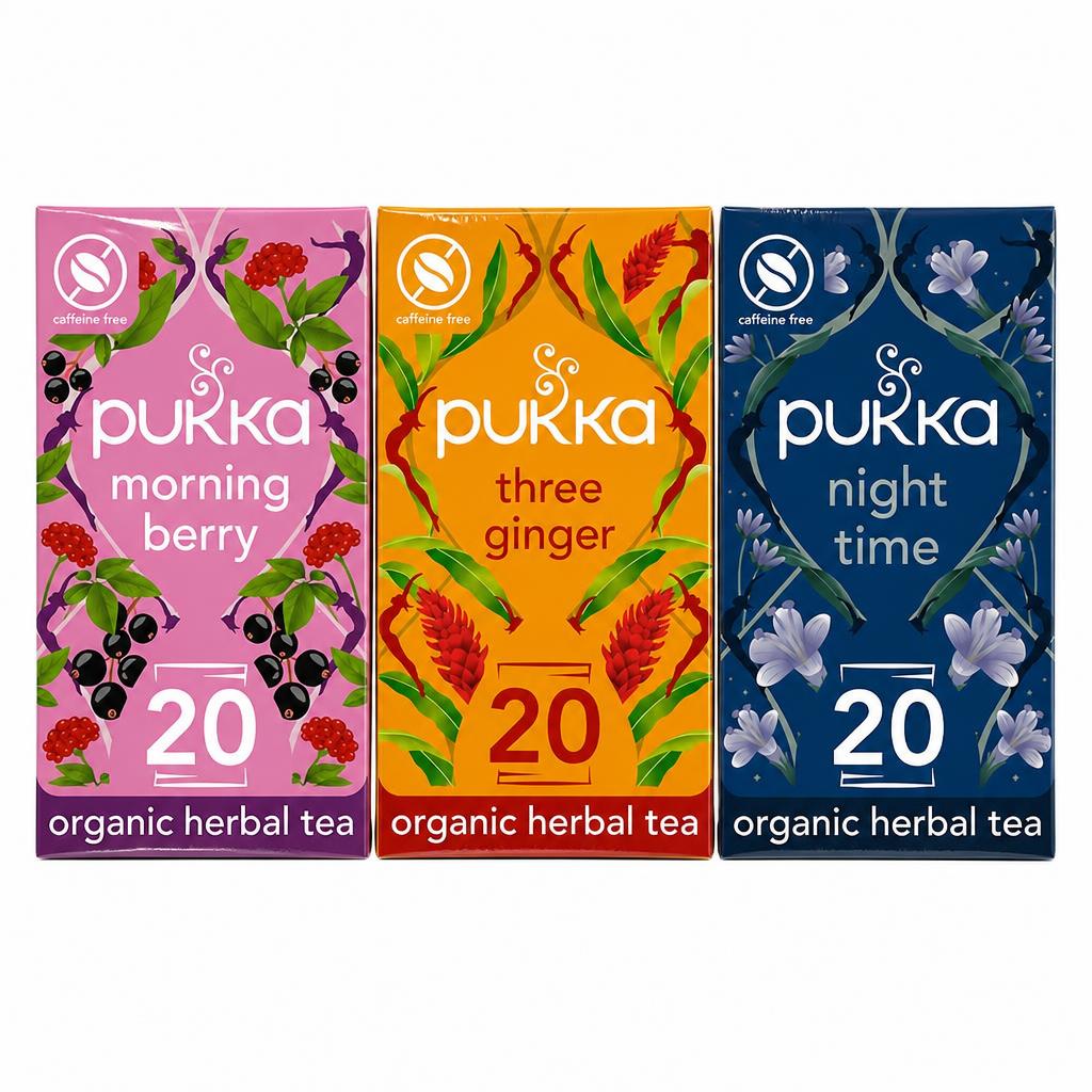 Pukka Herbs Organic Herbal Tea, Day to Night Bundle with Morning Berry, Three Ginger & Night Time, 3 Packs of 20 Teabags | Multi
