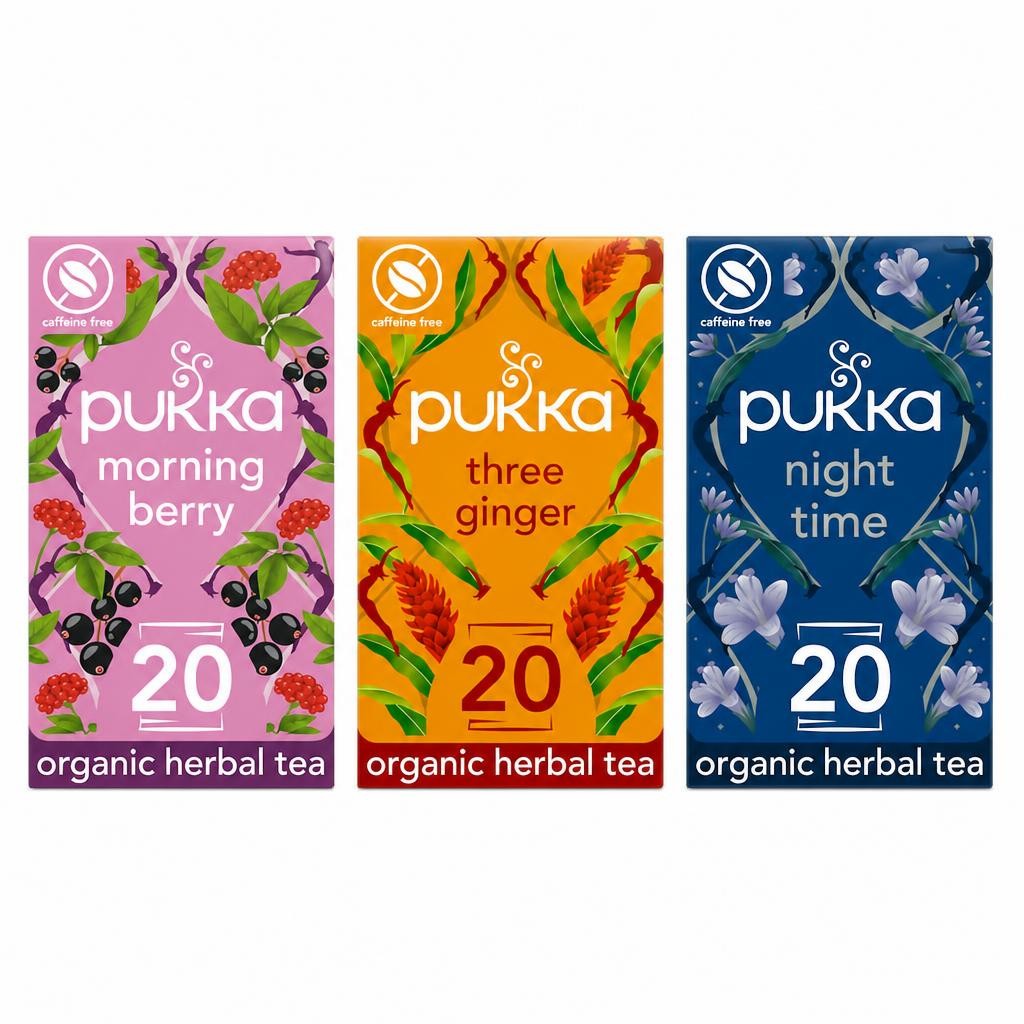 Pukka Herbs Organic Herbal Tea, Day to Night Bundle with Morning Berry, Three Ginger & Night Time, 3 Packs of 20 Teabags | Multi