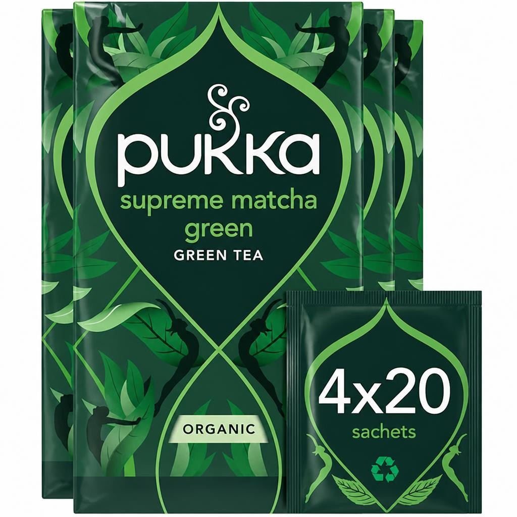 Pukka Herbs Organic Herbal Tea, Supreme Matcha Green, 4 Packs, 80 Teabags | Green | 4