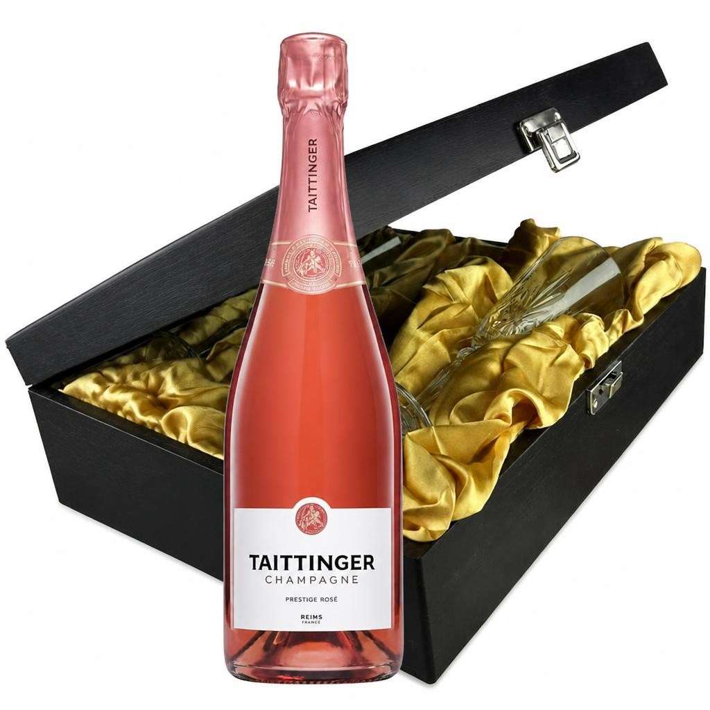 Taittinger Rose Champagne and Flutes in Wooden Hinged Presentation Box 75cl 12.5% abv