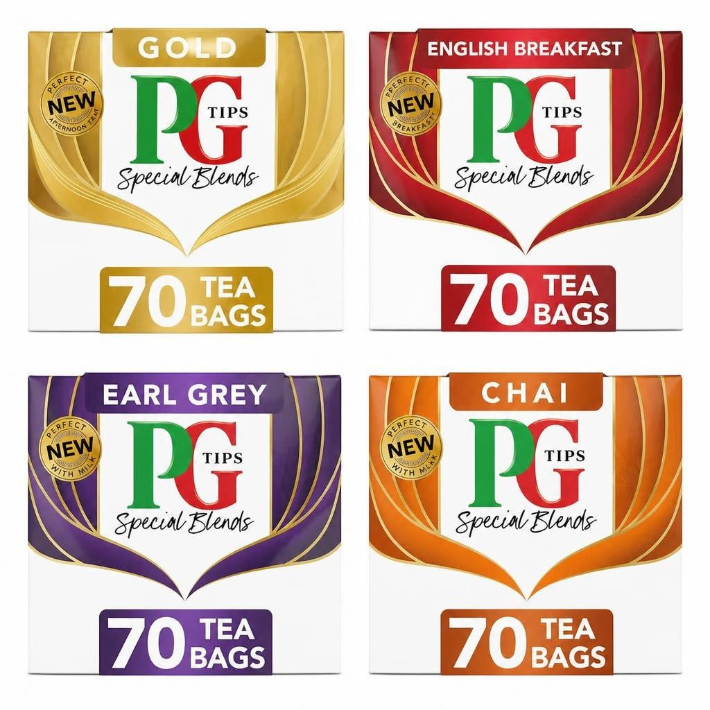 PG Tips Special Blends Tea, Chai, English Breakfast, Early Grey & Gold, 70 Teabags each (4 Pack) | Multi